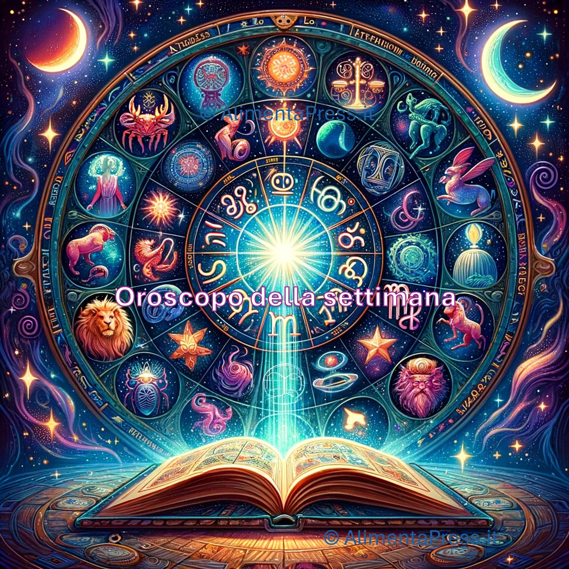 Un libro aperto con i segni zodiacali al centro